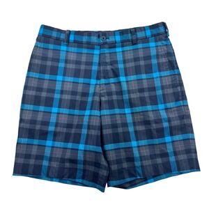 Nike Golf Shorts Mens 32 Blue Plaid Dri-FIT Stretch Performance Flat Front Golf